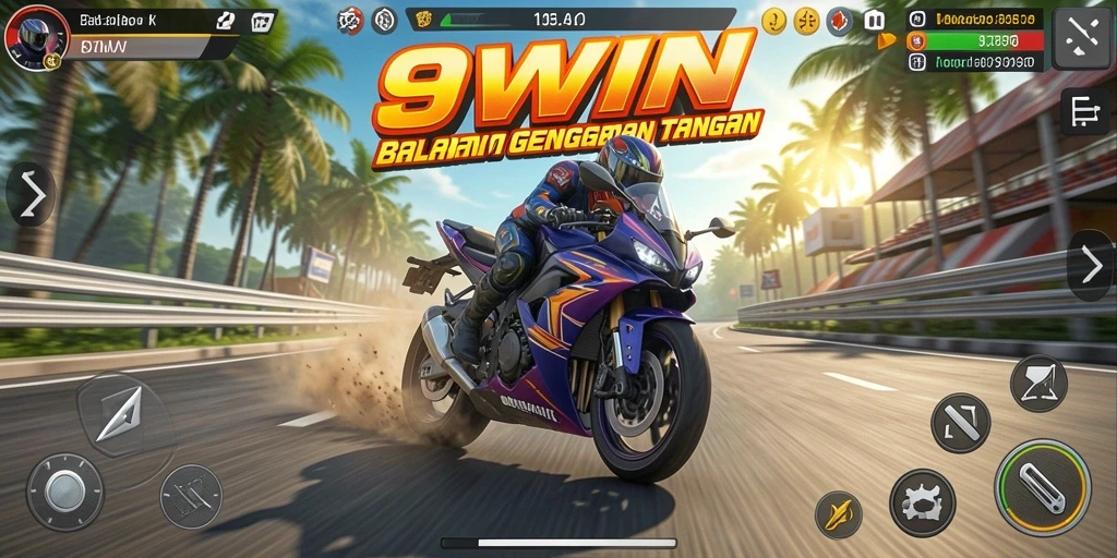Screenshot gameplay 9WIN menampilkan aksi balapan motor yang mendebarkan.