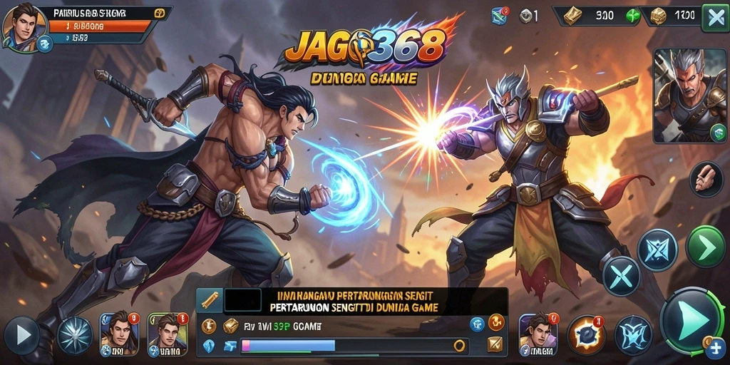 Screenshot menunjukkan pertarungan epik antara dua karakter di arena.