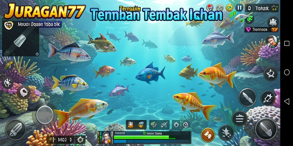 Tampilan gameplay seru di JURAGAN77 dengan berbagai ikan untuk ditembak.