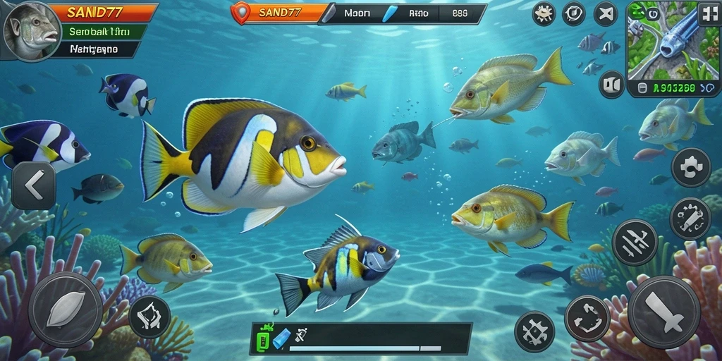 Screenshot gameplay SAND77 menampilkan aksi menembak ikan yang seru dan penuh warna.